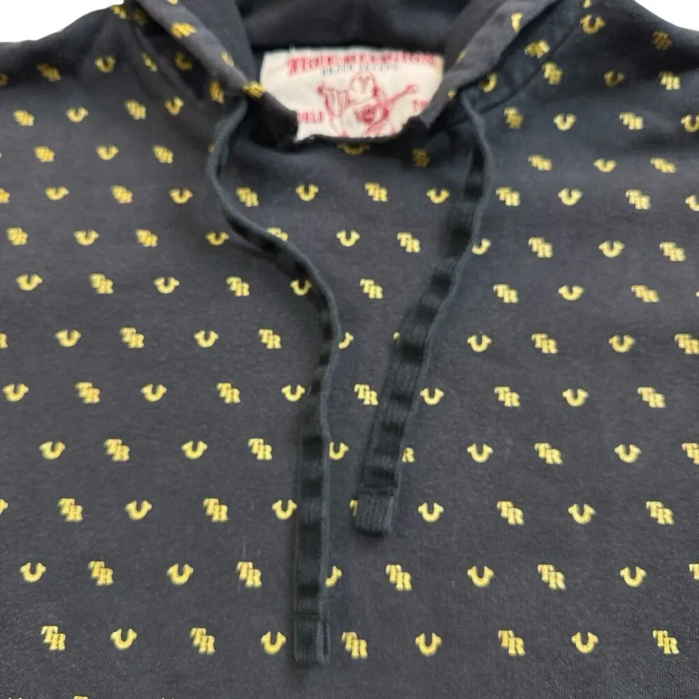 True Religion Monogram Pullover Hoodie Black Gold All Over Horseshoe Logo Mens L